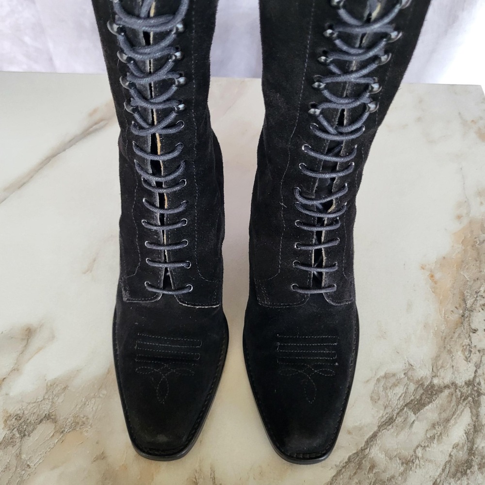 Joan David Tall Lace Up Black Suede Western Boots Womens Size 38 Square Toe - Picture 2 of 16